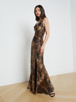 Sexy Animal Leopard Print Spaghetti Strap Cowl Neck Plunging Neck Slit Draped Silk Lace Trim Dress