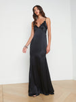 V-neck Silk Side Zipper Floor Length Lace Trim Mermaid Dress