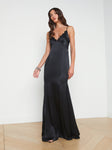 V-neck Lace Trim Floor Length Silk Mermaid Side Zipper Dress