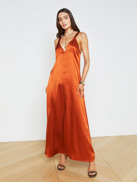 V-neck Silk Button Front Maxi Dress