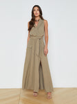 Slit Pocketed Gathered Belted Linen Tie Waist Waistline Maxi Dress