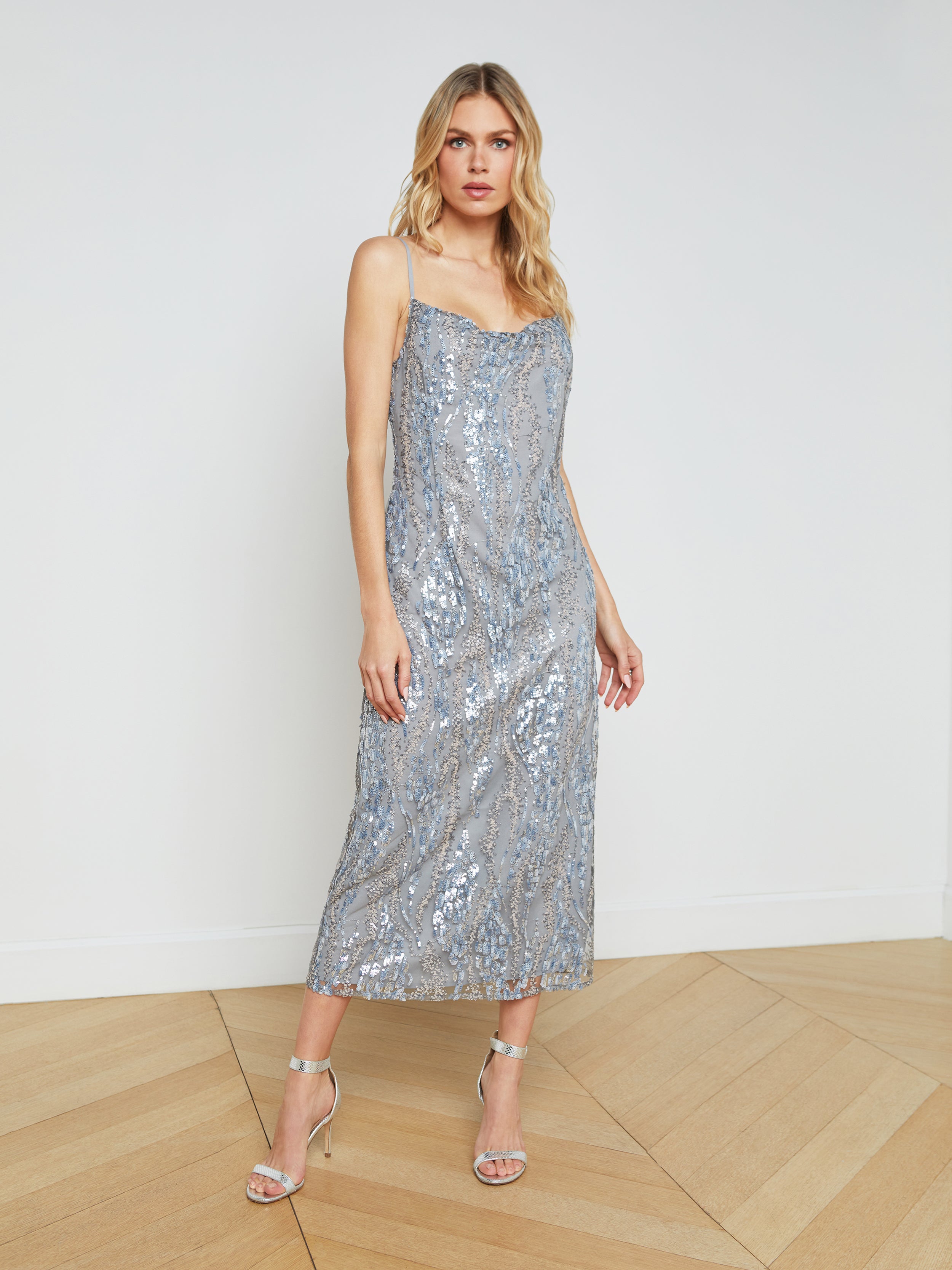 Shop L Agence Achilles Sequinned Slip Dress In Silver/blue Abstract Sequin