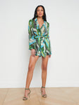 General Print Collared Short Tie Waist Waistline Belted Crinkled Chiffon Romper With a Sash