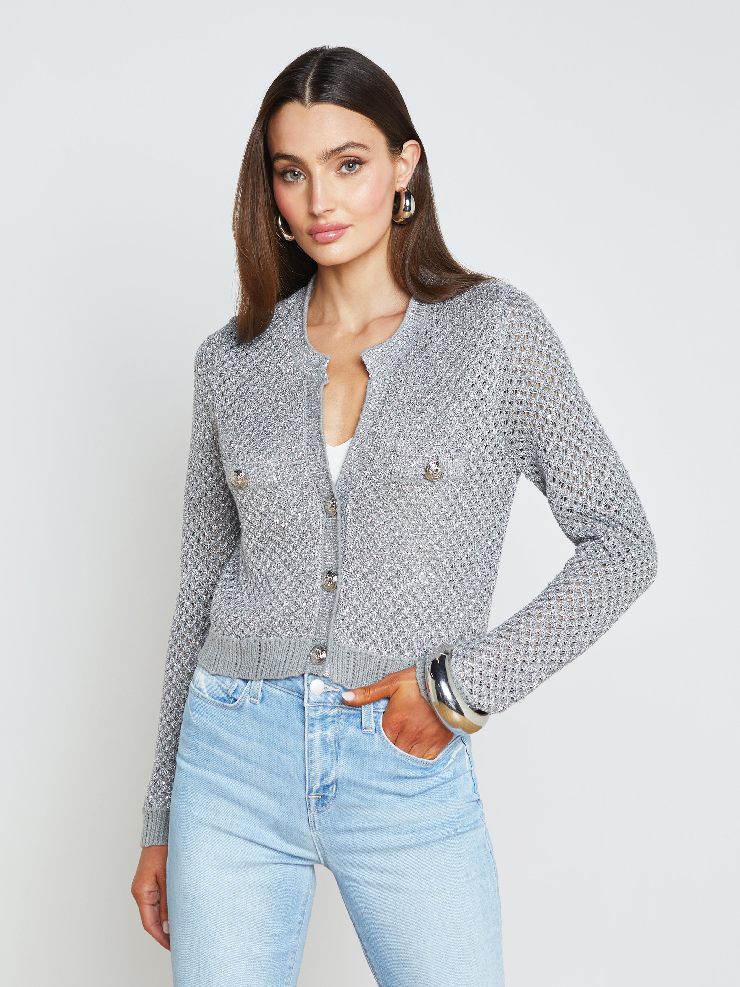 Shop L Agence Blanca Sequinned Cardigan In Silver