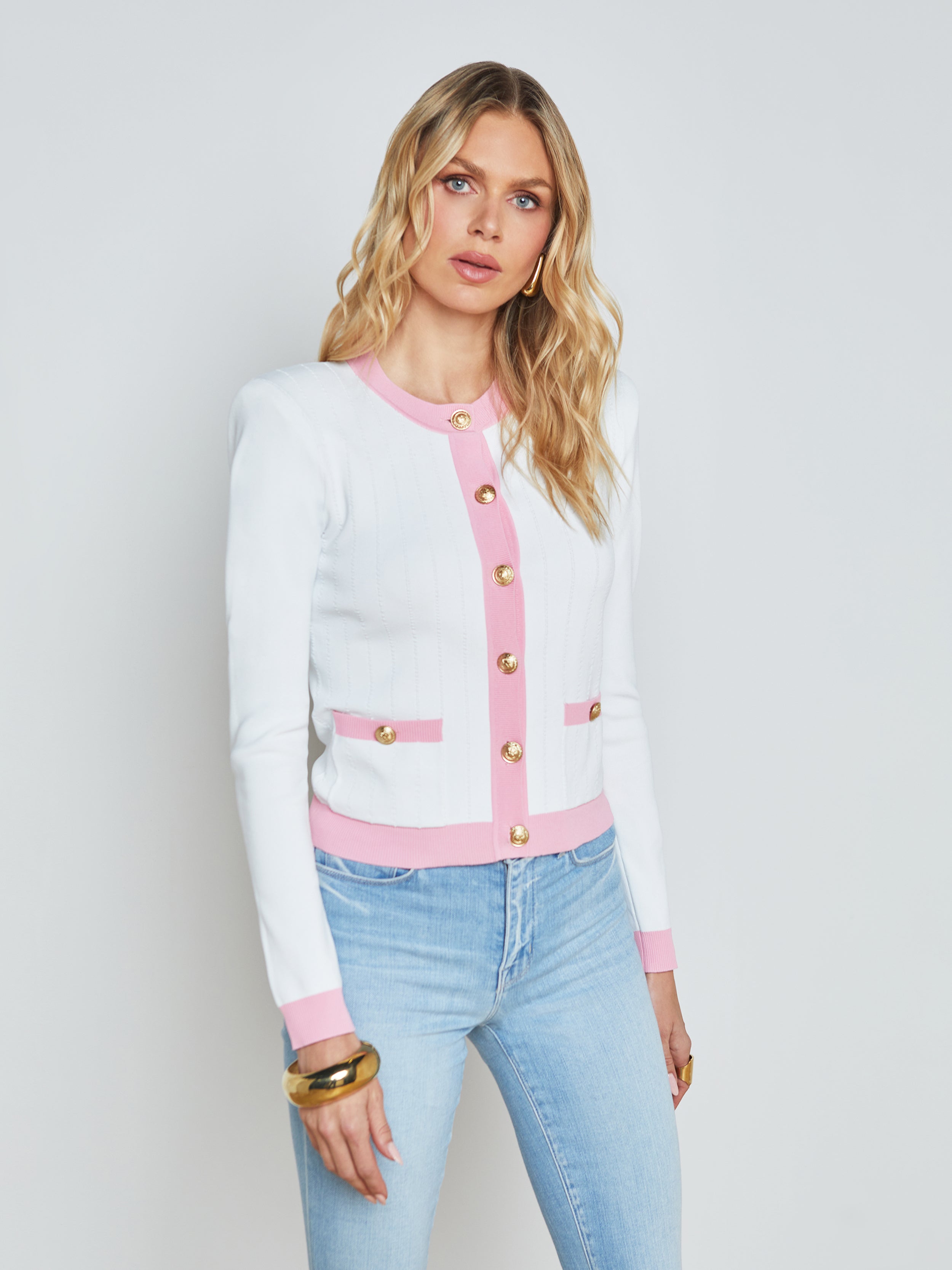 Shop L Agence Leon Cardigan In White/cotton Candy