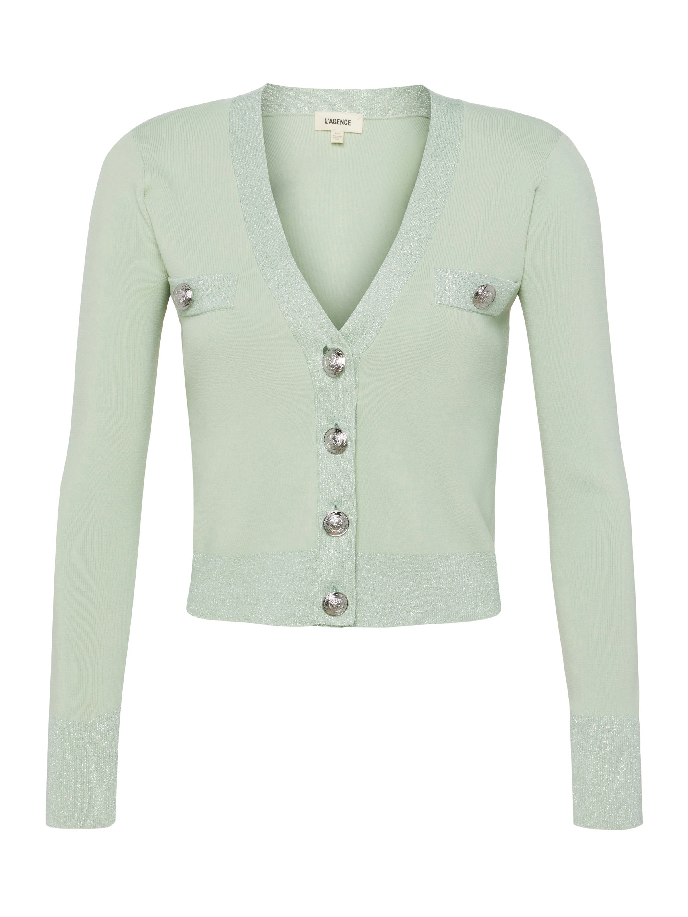 Shop L Agence Taya V-neck Cardigan In Laurel Green/lurex