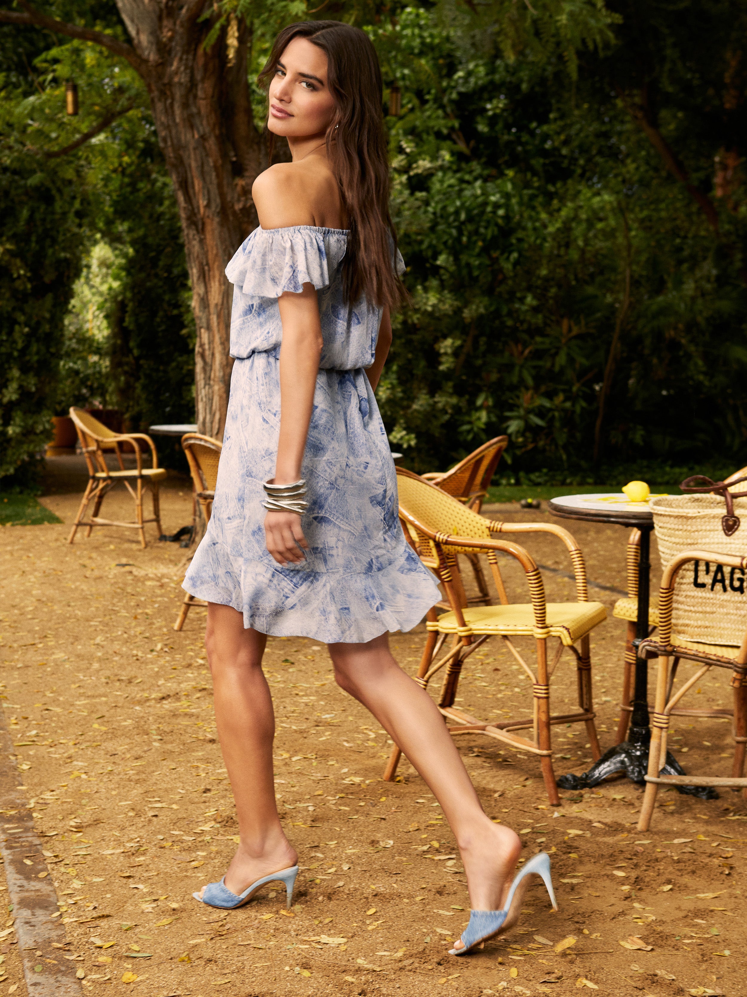 Shop L Agence Leonie Silk Off-the-shoulder Dress In Blue Multi Denim Print