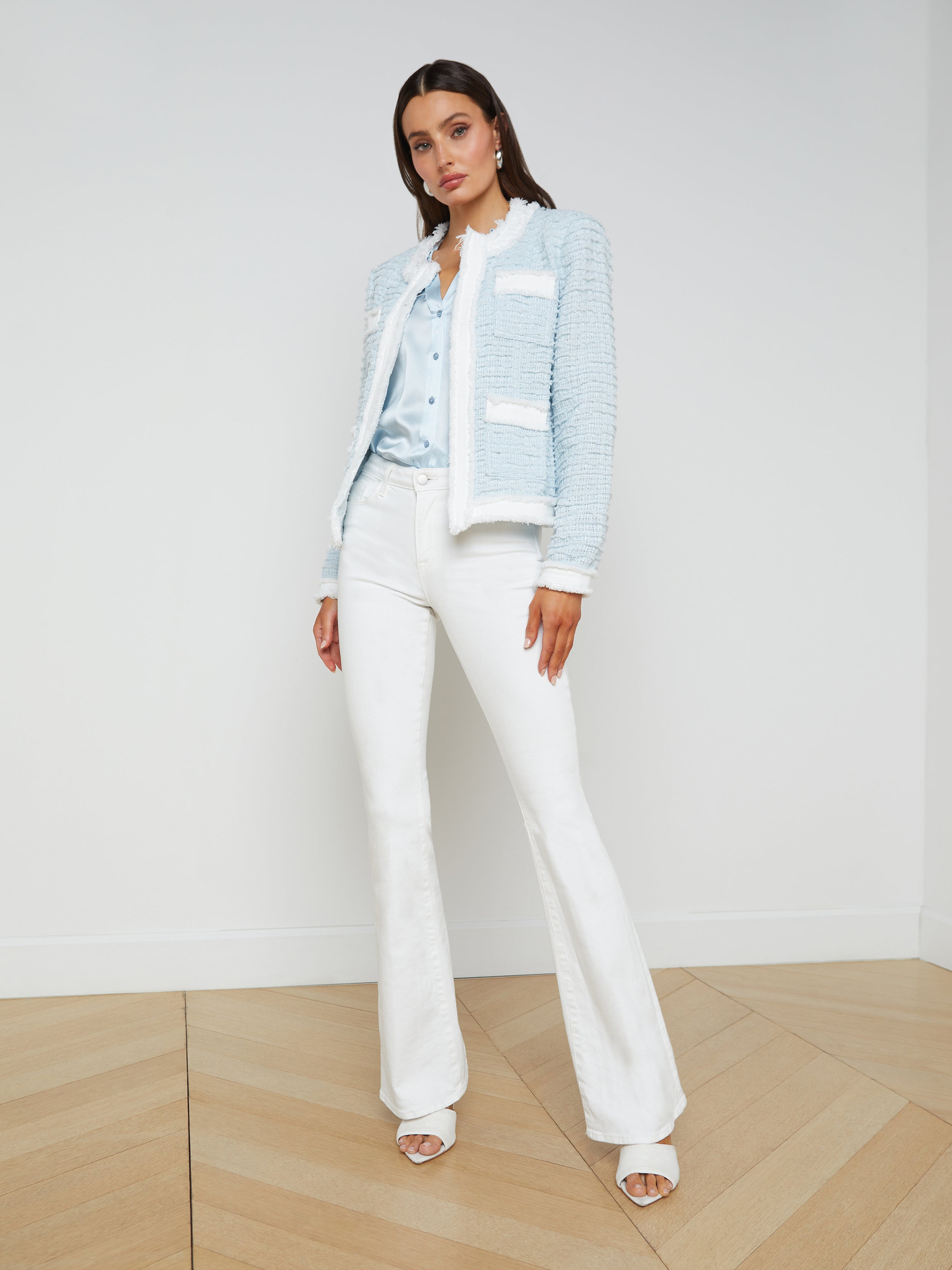 Shop L Agence Agnes Tweed Denim Jacket In Ice Water/blanc