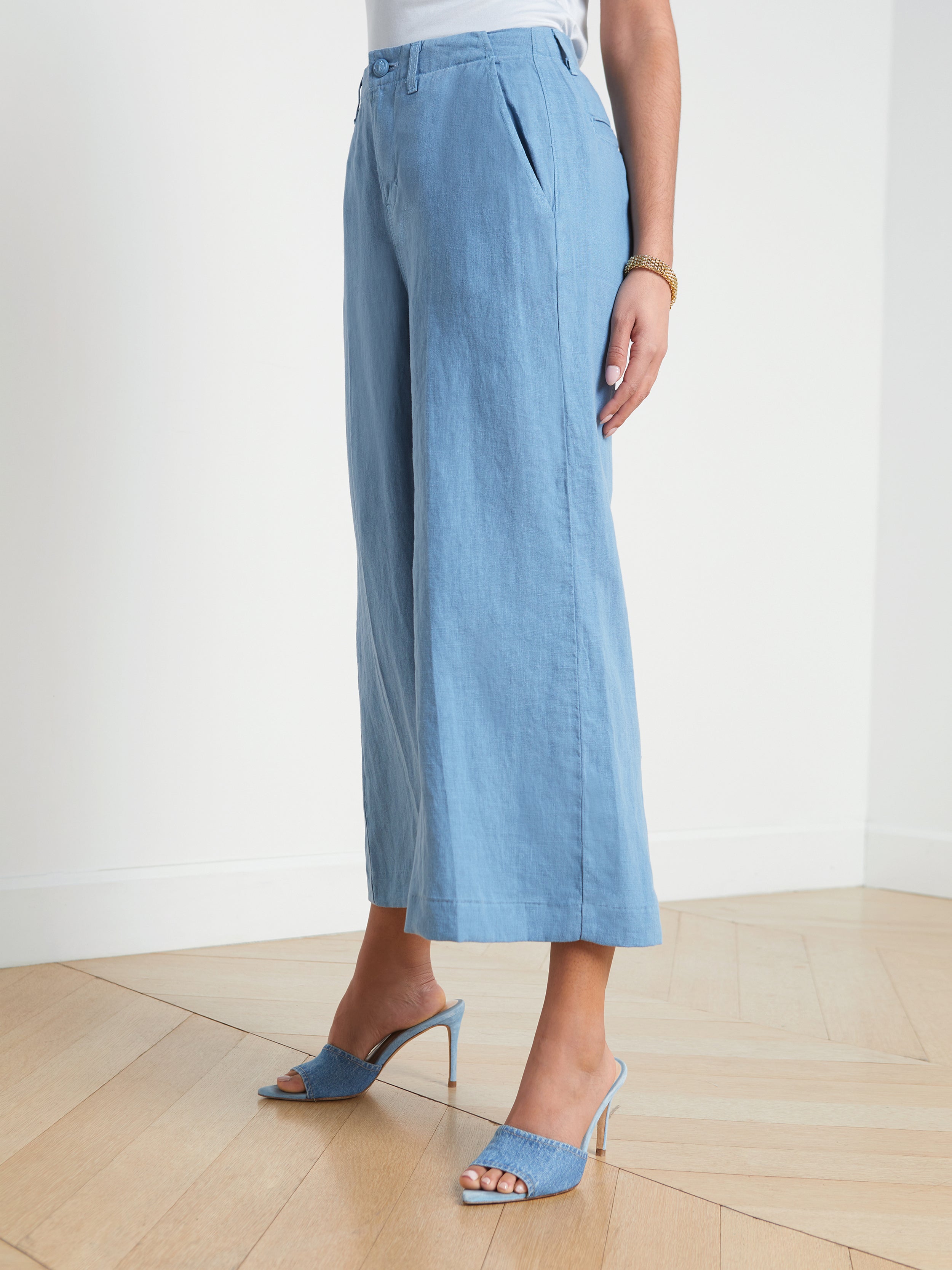 Shop L Agence Henderson Linen Cropped Pant In Blue Mist