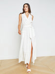 Linen Tie Waist Waistline Belted Pocketed Slit Gathered Maxi Dress