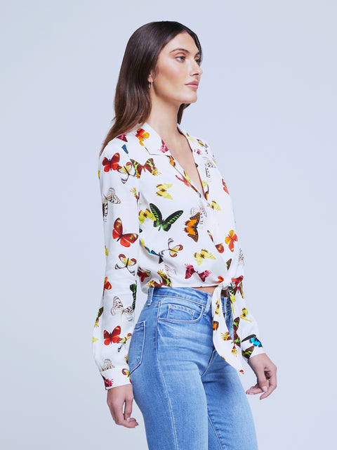 L'AGENCE Ressi Slim-Fit Tee in Black Multi Small Butterflies