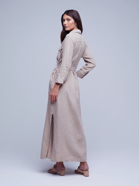 Belted Gathered Pocketed Back Yoke Slit Button Front Linen Tie Waist Waistline Shirt Maxi Dress