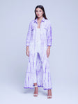 Tie Dye Print Linen Tie Waist Waistline Gathered Pocketed Button Front Slit Back Yoke Belted Shirt Maxi Dress