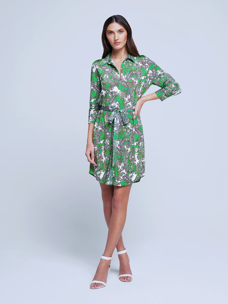 Paisley Print 3/4 Sleeves Tie Waist Waistline Collared Button Front Belted Gathered Back Yoke Shirt Dress