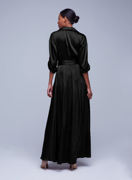 Tie Waist Waistline Long Sleeves Button Front Pocketed Gathered Belted Shirt Maxi Dress