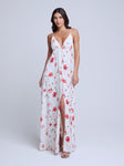 V-neck Slit Floral Print Empire Waistline Spaghetti Strap Maxi Dress