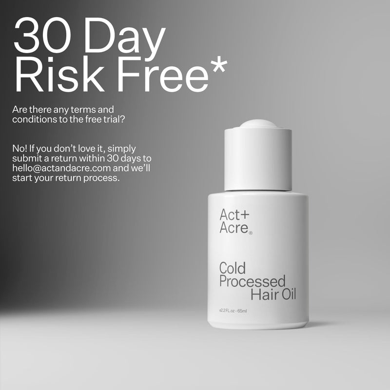 Act+Acre 5% Argan Repair Hair Oil with text reading "30 Day Risk Free*"