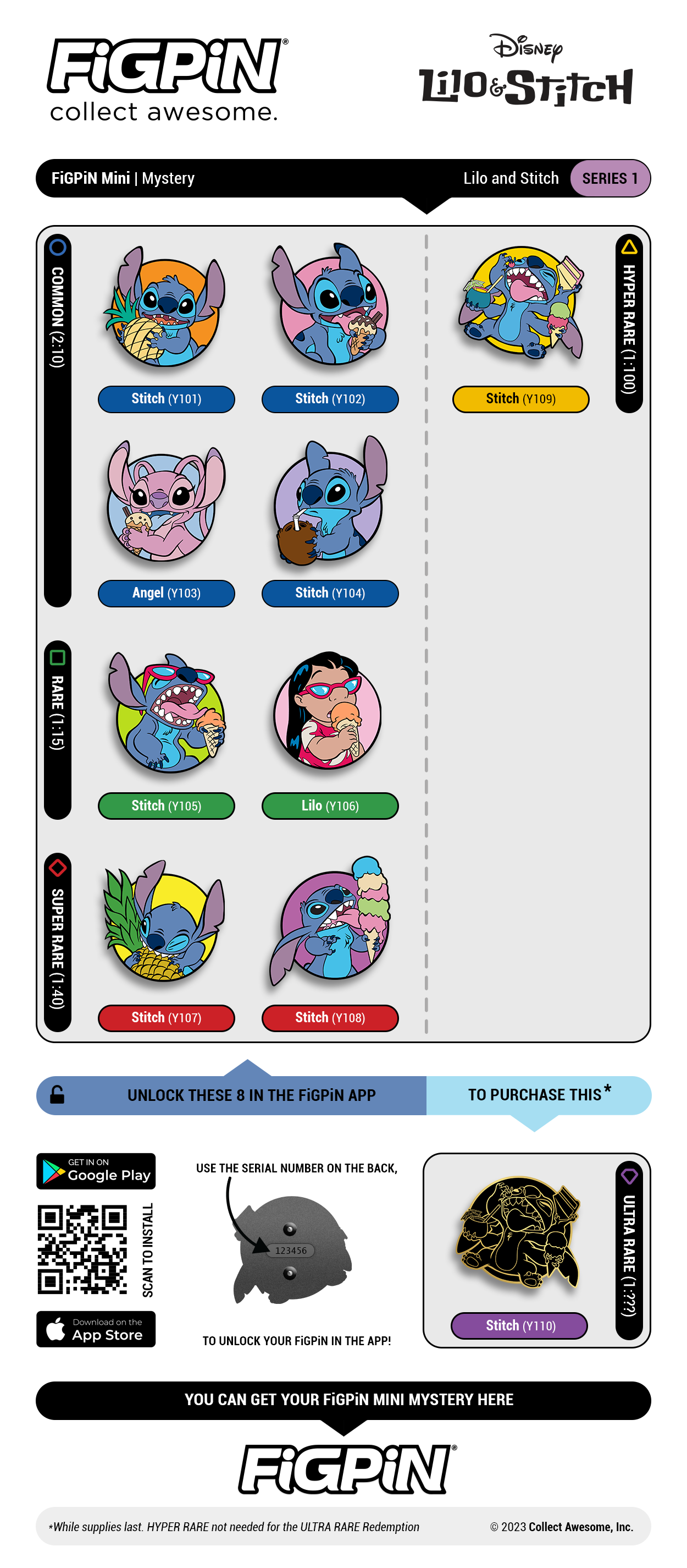 Collector guide of the Disney's Lilo and Stitch Series 01 FiGPiN Mystery Minis
