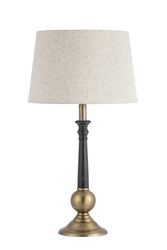 METAL & WOOD TABLE LAMP WITH SHADE (LAMP - BRASS ANTIQUE / SHADE - NATURAL LINEN)