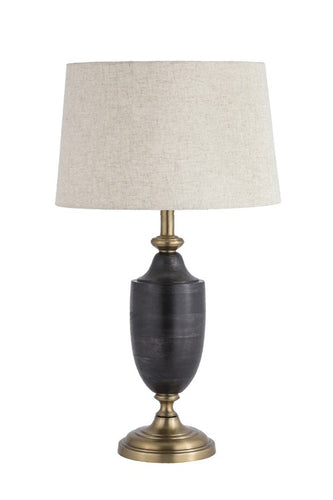 METAL & WOOD TABLE LAMP WITH SHADE (LAMP - BRASS ANTIQUE / SHADE - NATURAL LINEN)