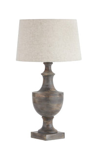 WOOD LAMP WITH SHADE (LAMP - BRASS ANTIQUE / SHADE - NATURAL LINEN)