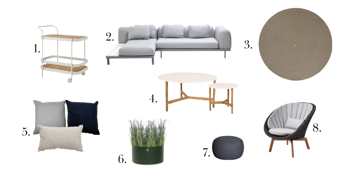 Cane-line inspiration: Space lounge, Roll bar trolley, Circle outdoor rug, Twist coffeetable, pillows, Peacock loungechair, Grow planters