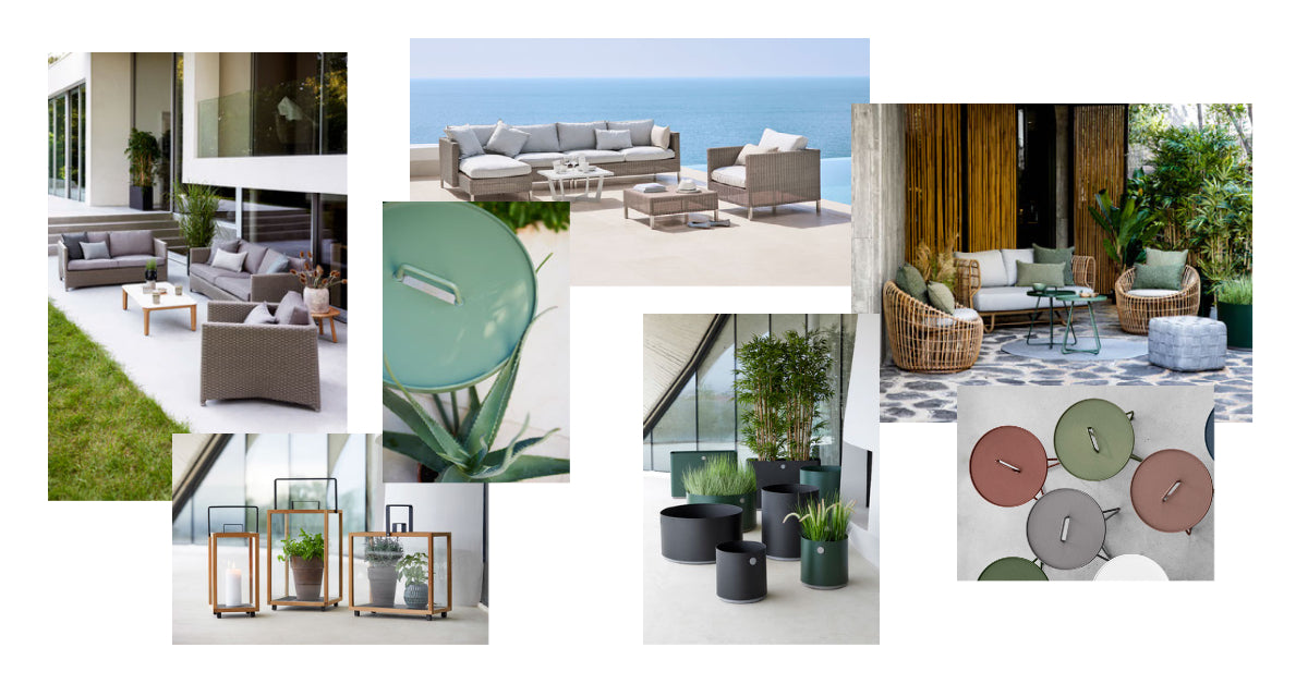 Inspiration with colours of this summer: Cane-line on the move coffeetable, diamond lounge, connect lounge, grow planters, nest lounge