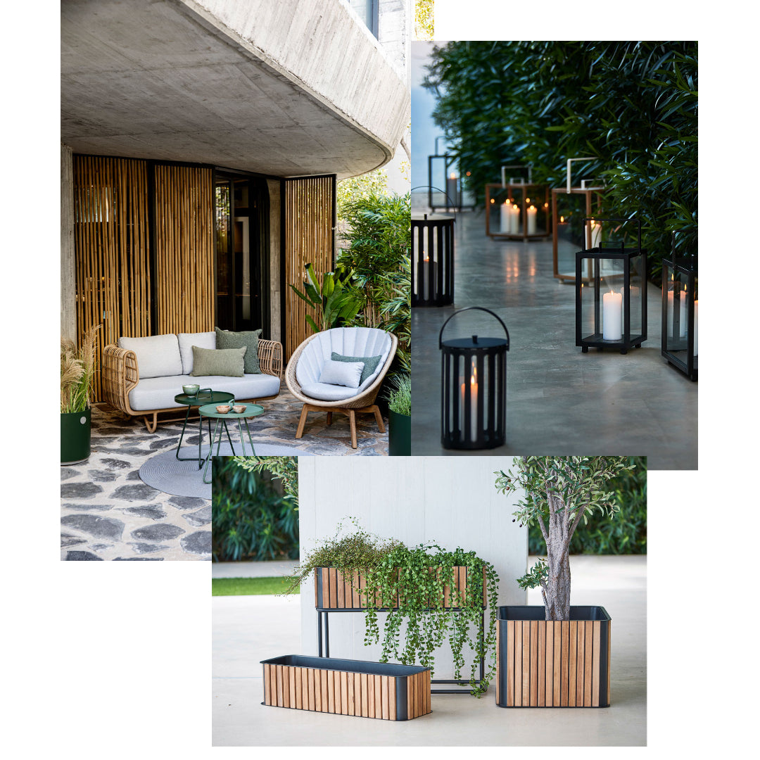  Inspiration with Cane-line nest lounge area, lighthouse lanterns, combine planters