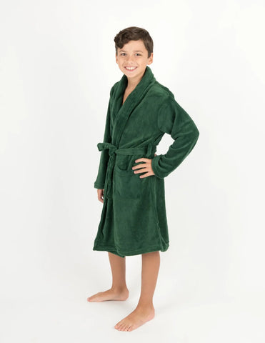 A boy in a Leveret bathrobe, demonstrating the robe's absorbency