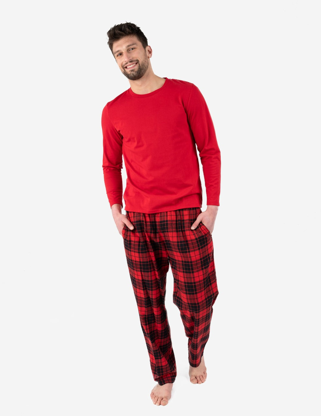 Mens Cotton Red & Black Plaid Pajama Set