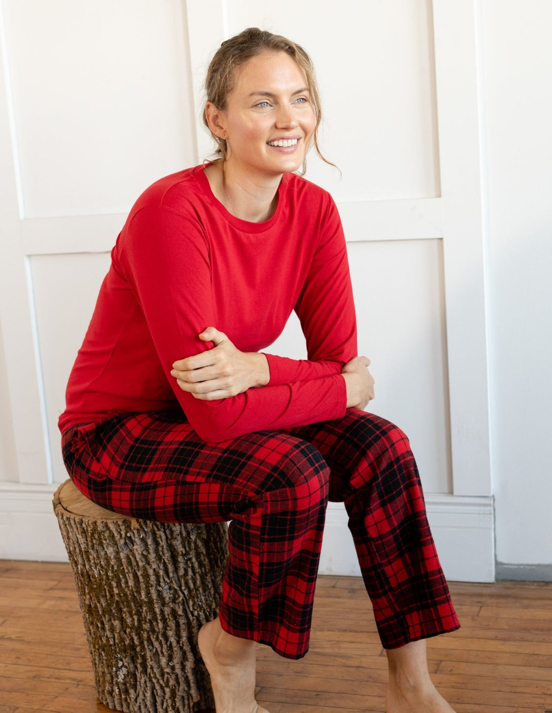 Leveret Womens Cotton Top And Fleece Pants Plaid Black And Red Xs : Target