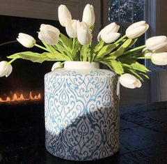 Blue and white chinoiserie vase ginger jar fresh tulips