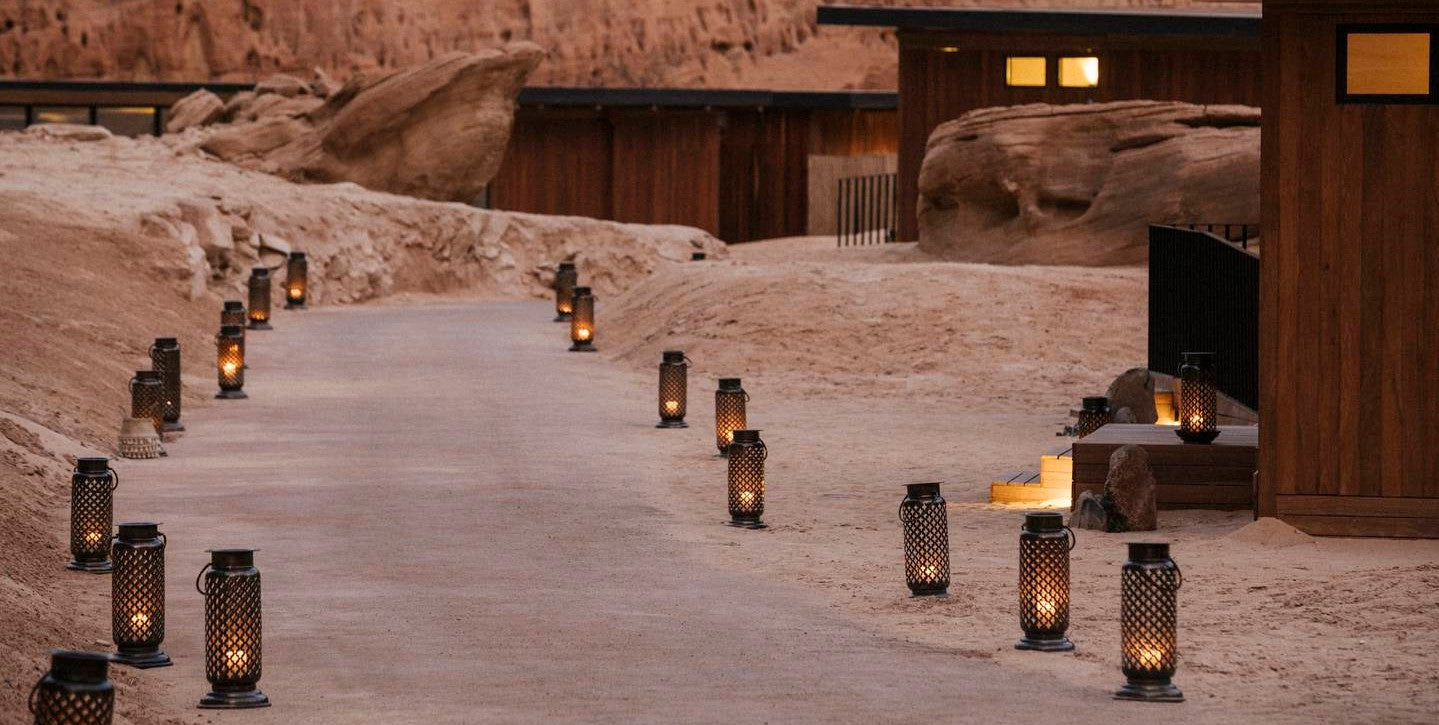 Desert view with black lanterns that lights up