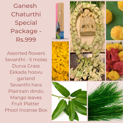 Rose Bazaar, Ganesh Chaturthi, festival, story behing ganesh Chaturthi, curated packages, home delivery, puja/pooja, banana, assorted flowers, mola, garlands, durva grass, ekkada hoovu, hara, dindu, plantain, phool, incense box, agarbathi, mango leaves, fruit platter, Pear, Banana, Custard appple, Orange, Grapes