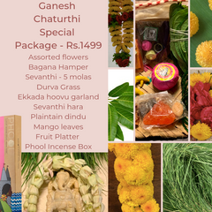 Rose Bazaar, Ganesh Chaturthi, festival, story behing ganesh Chaturthi, curated packages, home delivery, puja/pooja, banana, assorted flowers, mola, garlands, durva grass, ekkada hoovu, hara, dindu, plantain, phool, incense box, agarbathi, mango leaves, fruit platter, Pear, Banana, Custard appple, Orange, Grapes