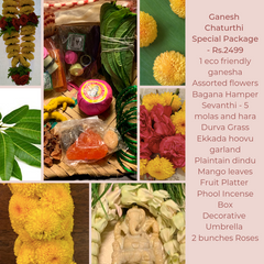 Rose Bazaar, Ganesh Chaturthi, festival, story behing ganesh Chaturthi, curated packages, home delivery, puja/pooja, banana, assorted flowers, mola, garlands, durva grass, ekkada hoovu, hara, dindu, plantain, phool, incense box, agarbathi, mango leaves, fruit platter, Pear, Banana, Custard appple, Orange, Grapes, decorative umbrella, roses