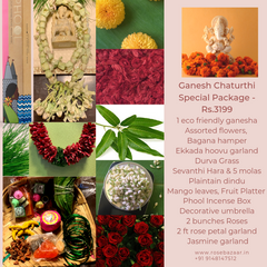 Rose Bazaar, Ganesh Chaturthi, festival, story behing ganesh Chaturthi, curated packages, home delivery, puja/pooja, banana, assorted flowers, mola, garlands, durva grass, ekkada hoovu, hara, dindu, plantain, phool, incense box, agarbathi, mango leaves, fruit platter, Pear, Banana, Custard appple, Orange, Grapes, decorative umbrella, rose garland, jasmine garland