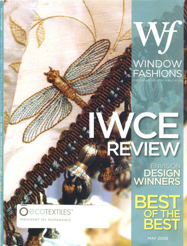 Window Framing magazine cover with the issue title IWCE Review, featuring an up close shot of beige fabric with an embroidered dragonfly