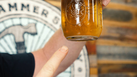 jar with a thin layer of harvested yeast on the bottom and liquid on top