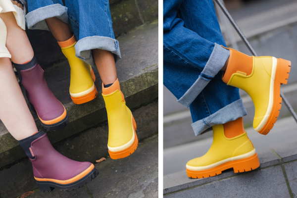 Plum and Sunshine Tully Boots on the steps of a station