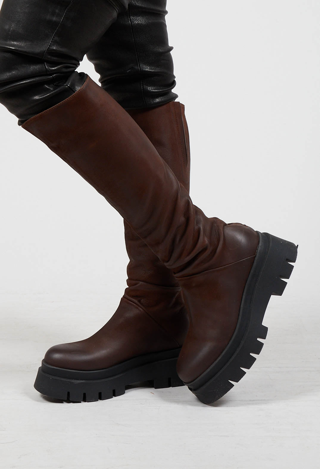 Calf Length Leather Boots in Gasoline Sigaro