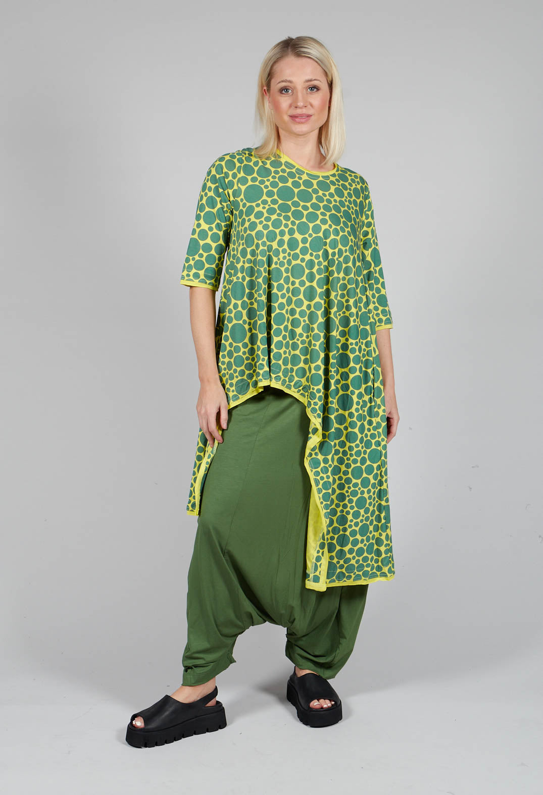 Asymmetrical Jersey Tunic Top in Lime with Green Pois