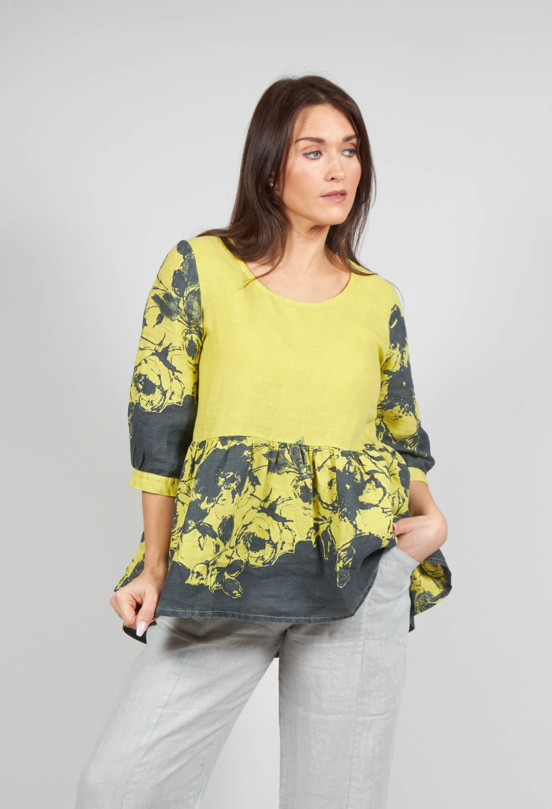 Blue Placement Print Linen Top in Citrus