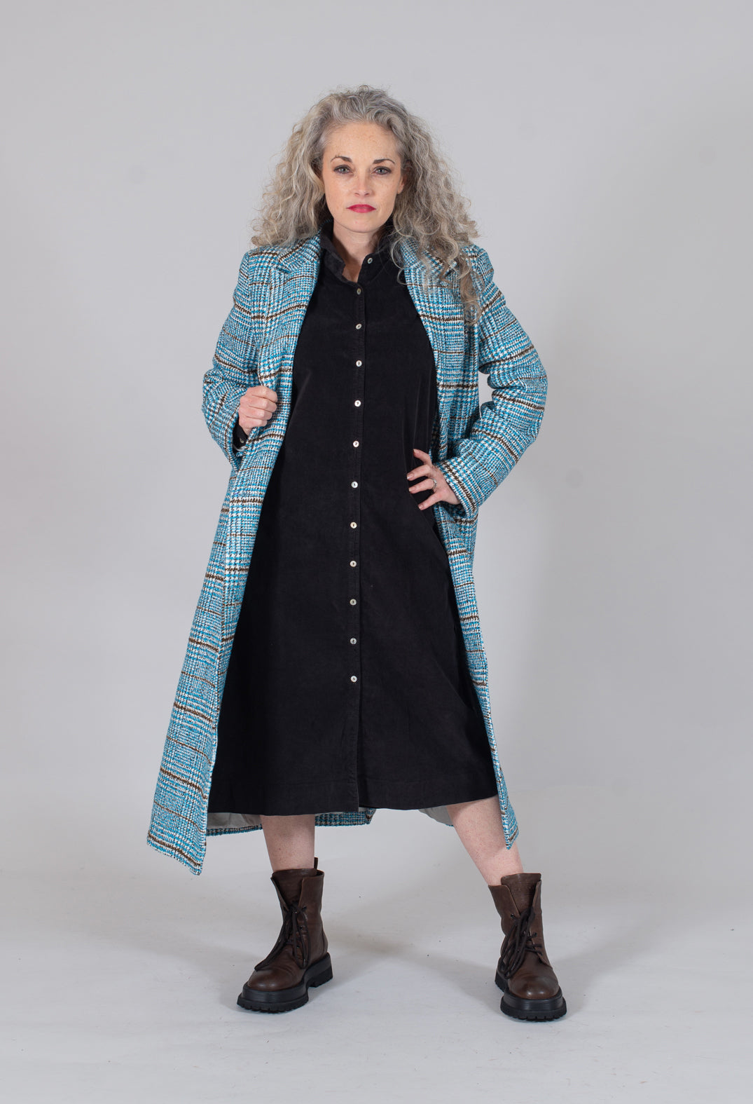 Checked Wool Coat in Light Blue