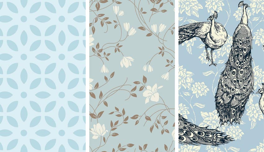 Three light blue wallpaper swatches