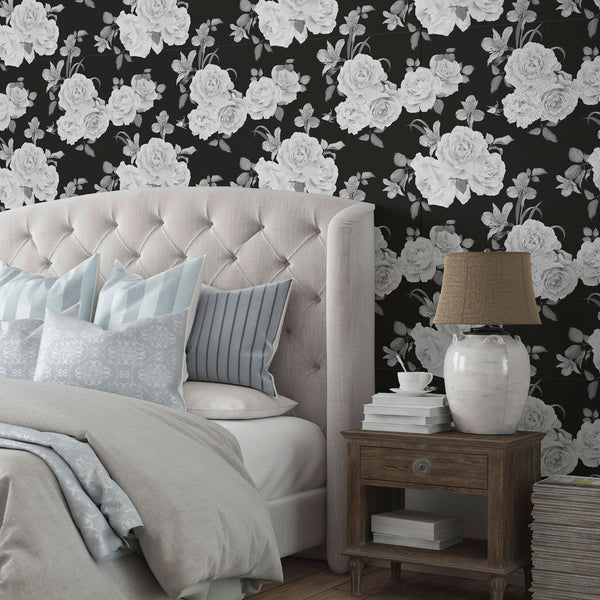 Black and White Floral Fabric Removable Wallpaper 