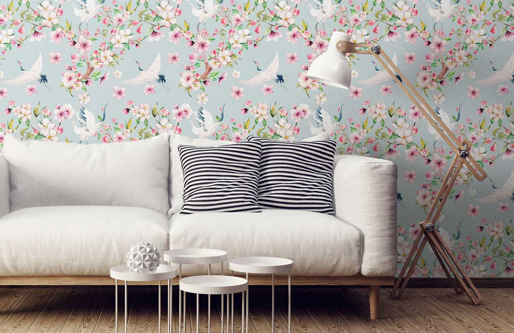 sofa with blue and pink cherry blossom bird wallpaper