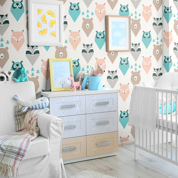 girls bedroom with Brown and Cream Forest Baby wallpaper