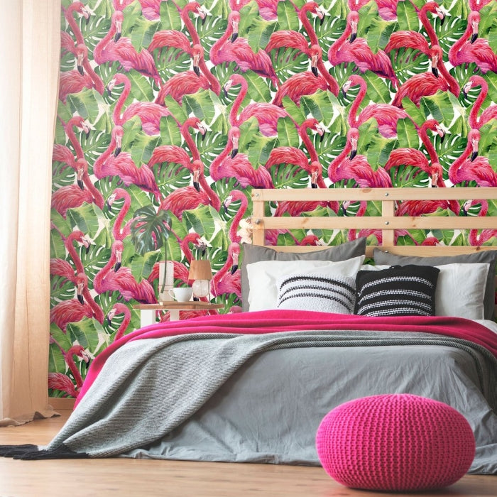 well-balanced design bedroom with green leaves and pink flamingos wallpaper