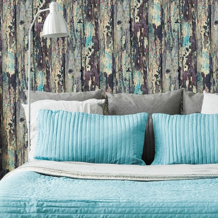 three dimensional colored bedroom with aqua and purple rustic wood texture wallpaper